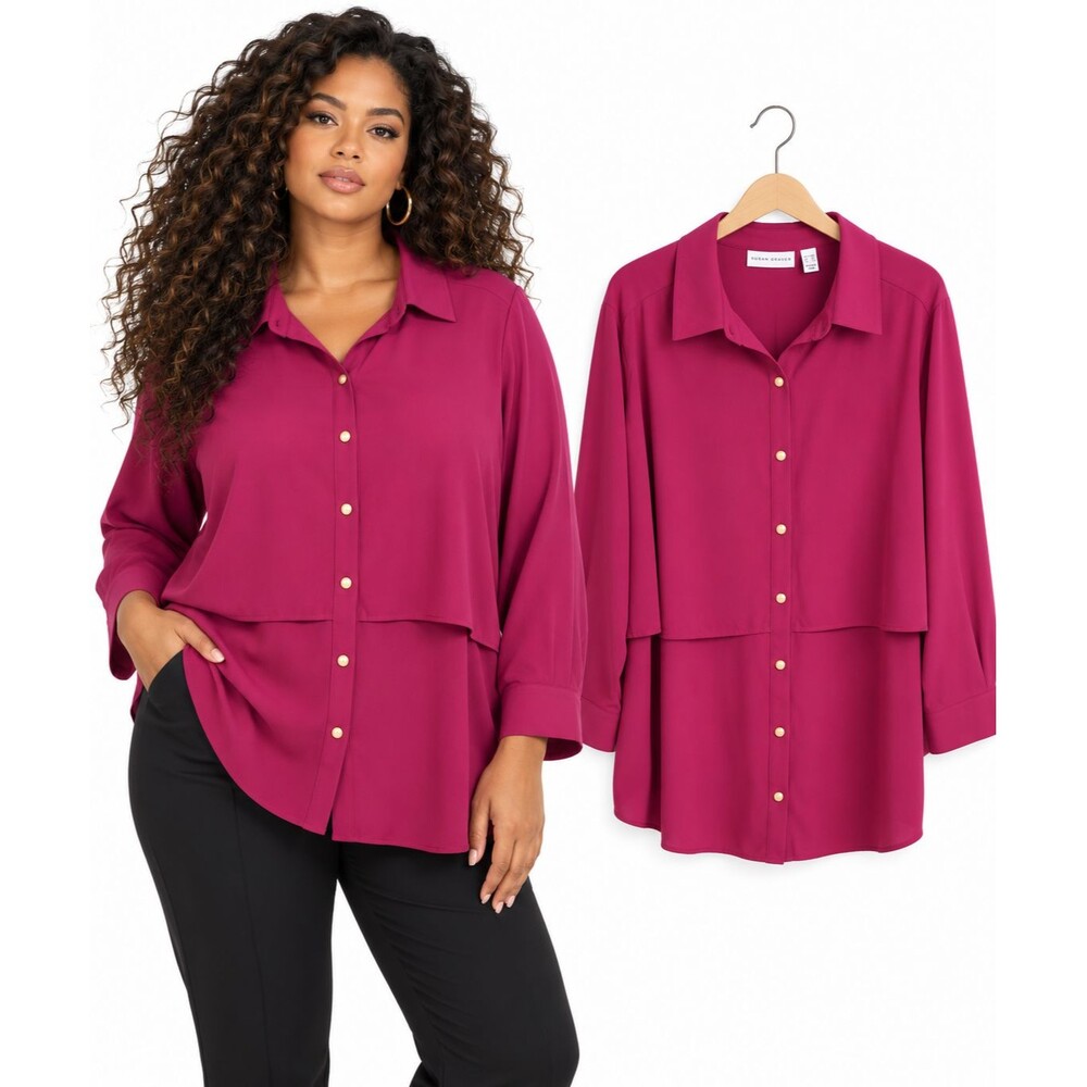 Susan Graver Stretch Layered Button Front Shirt Size 28WP Magenta Pink A294029